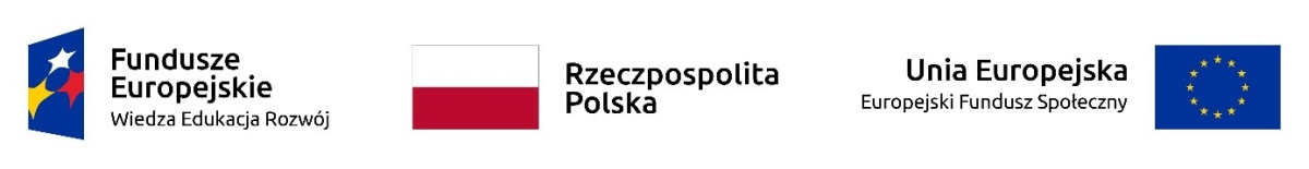 Po lewej stronie Znak Funduszy Europejskich złożony z symbolu graficznego, nazwy Fundusze Europejskie oraz nazwy programu: Wiedza Edukacja Rozwój, w środku znak barw Rzeczypospolitej Polskiej składający się z symbolu graficznego oraz nazwy Rzeczpospolita Polska, po prawej stronie znak Unii Europejskiej składający się z flagi UE, napisu Unia Europejska i nazwy funduszu: Europejski Fundusz Społeczny.